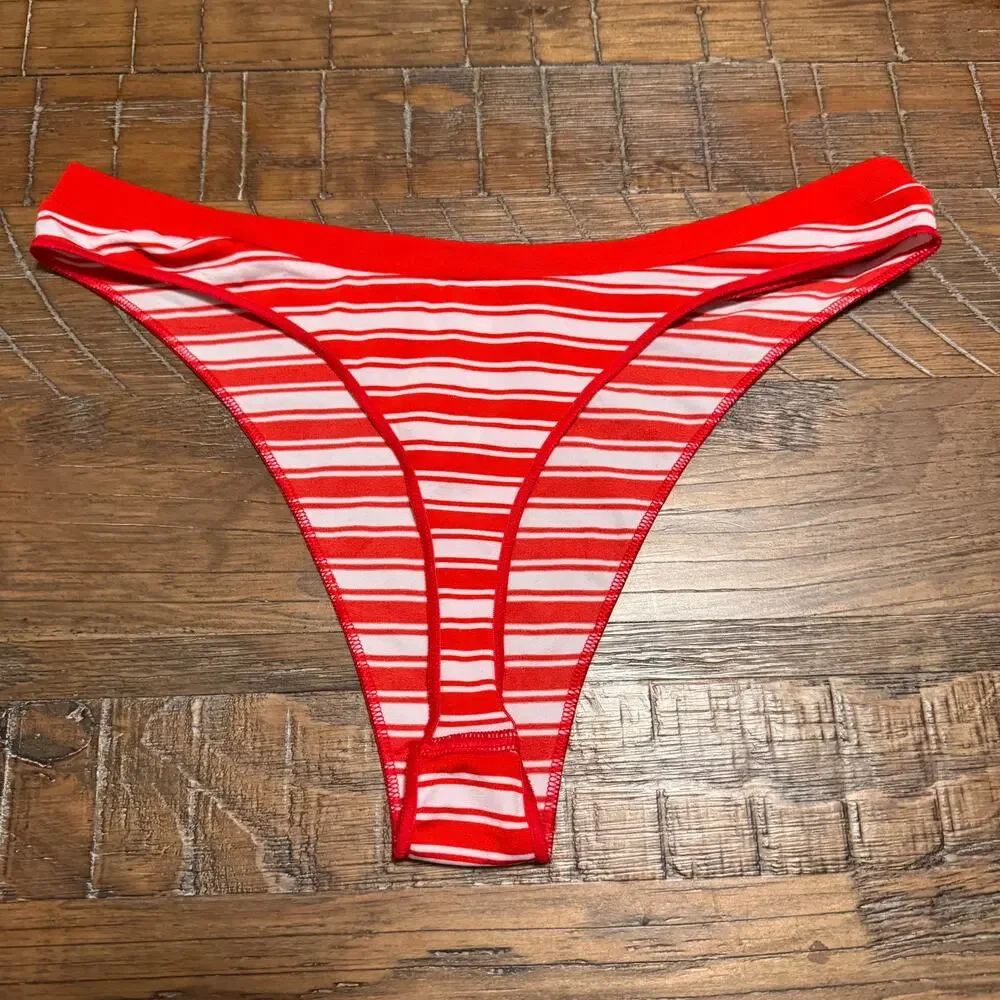 Victoria's Secret Panty Size M Thong String Red Festive Stripe Print Brazilian